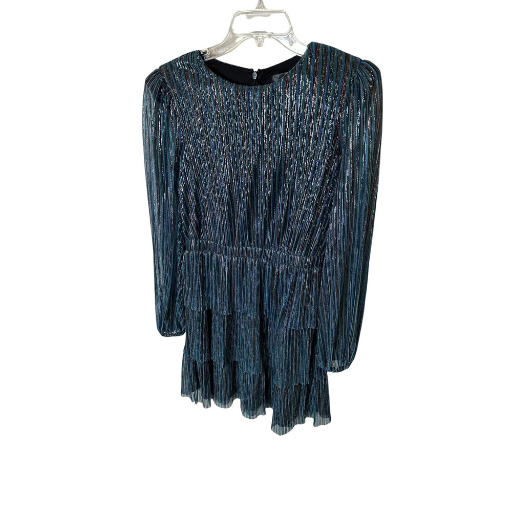 AQUA Womens Blue Metallic Plissé Tiered Ruffle‎ Mini Party Dress Medium